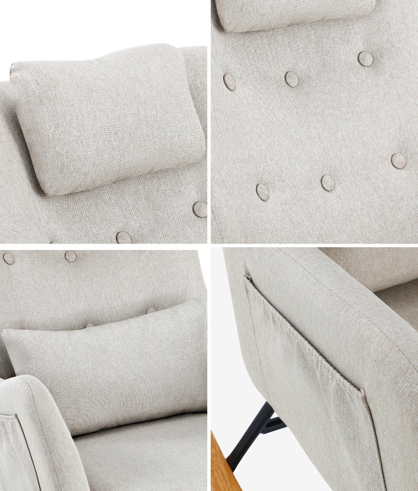 4x Rocking Chair Nursing Armchair Linen 2 Pillow Beige