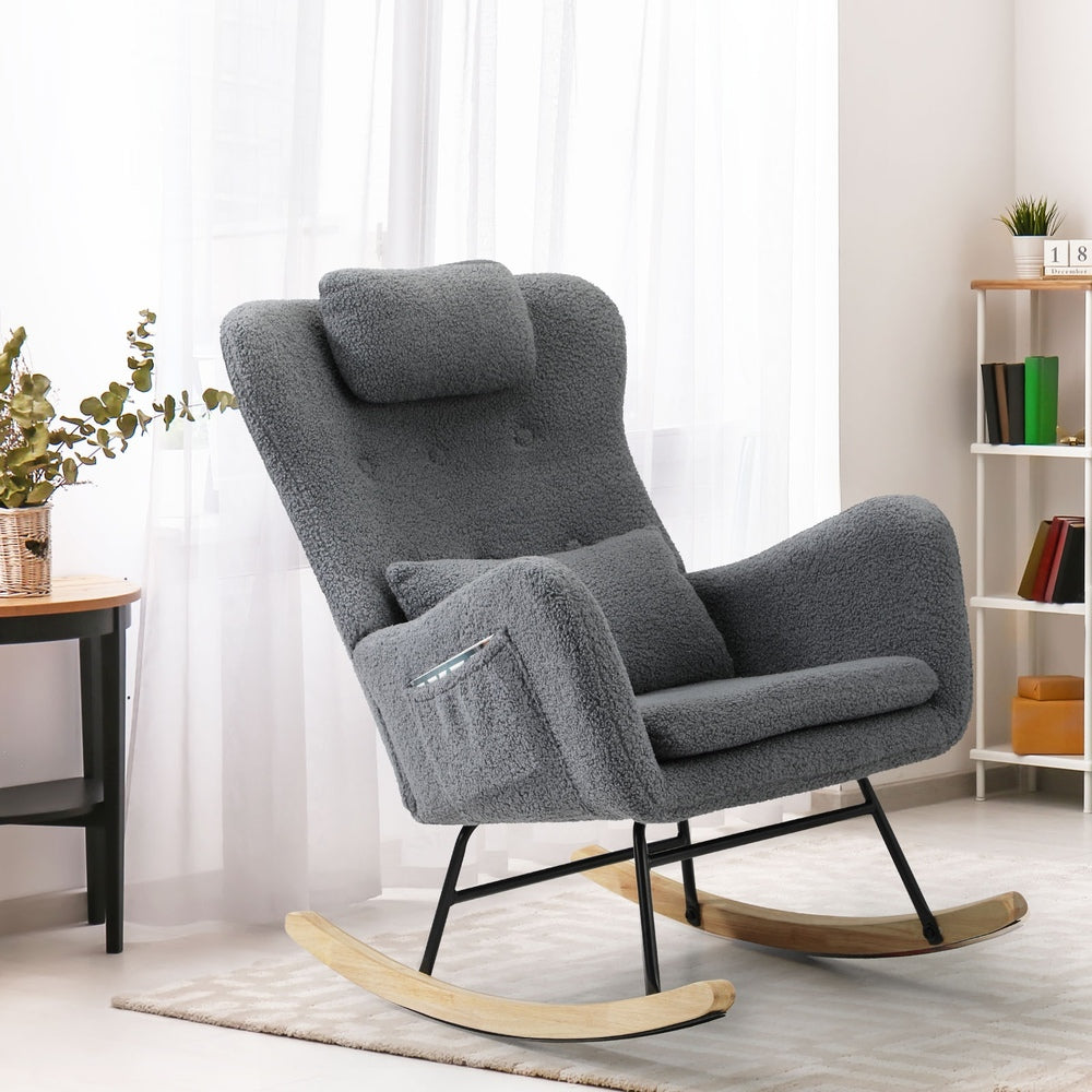 Oikiture Rocking Chair Sherpa With 2 Pillow Grey