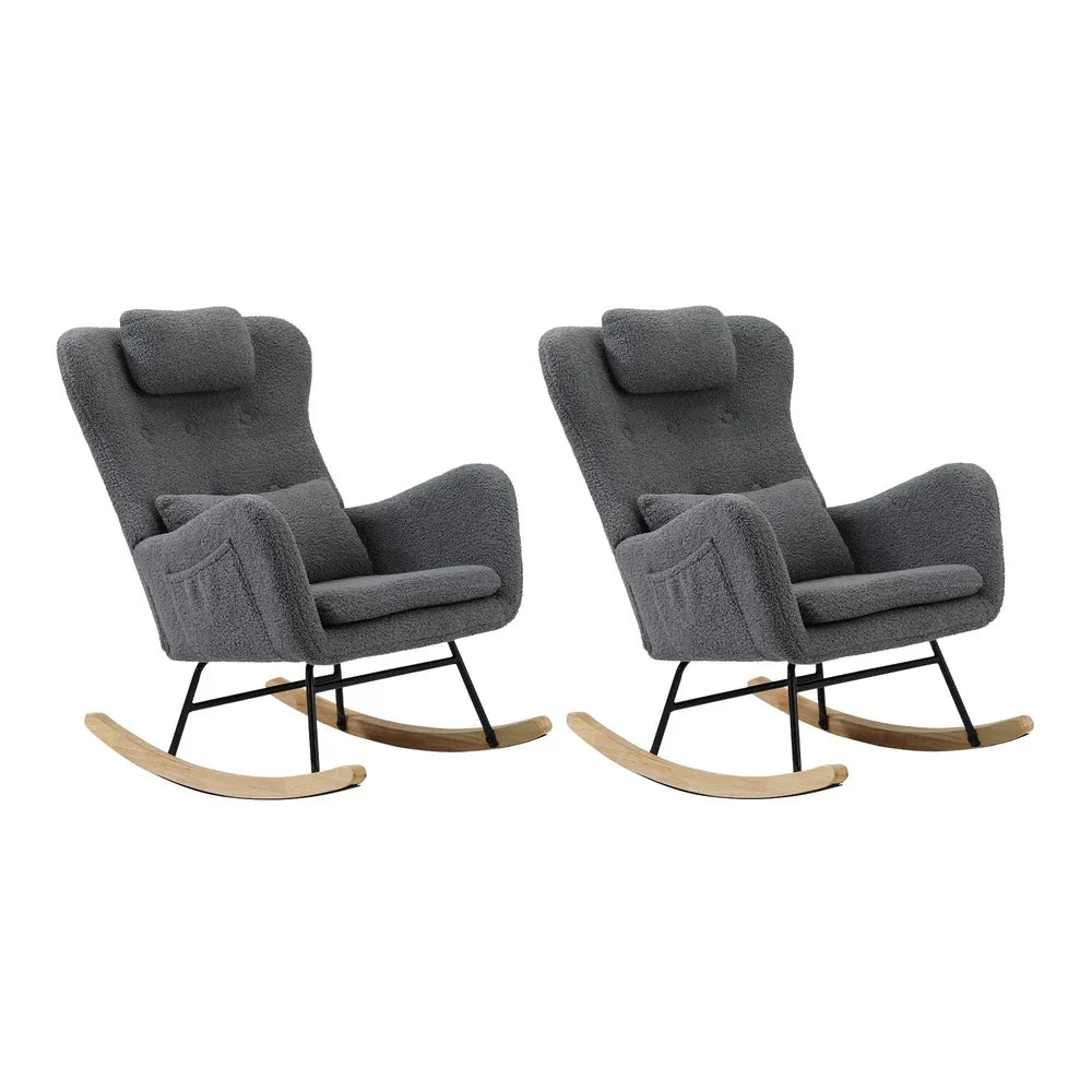 2x Rocking Armchair Nursing Sherpa Chairs With 2 Pillow Grey