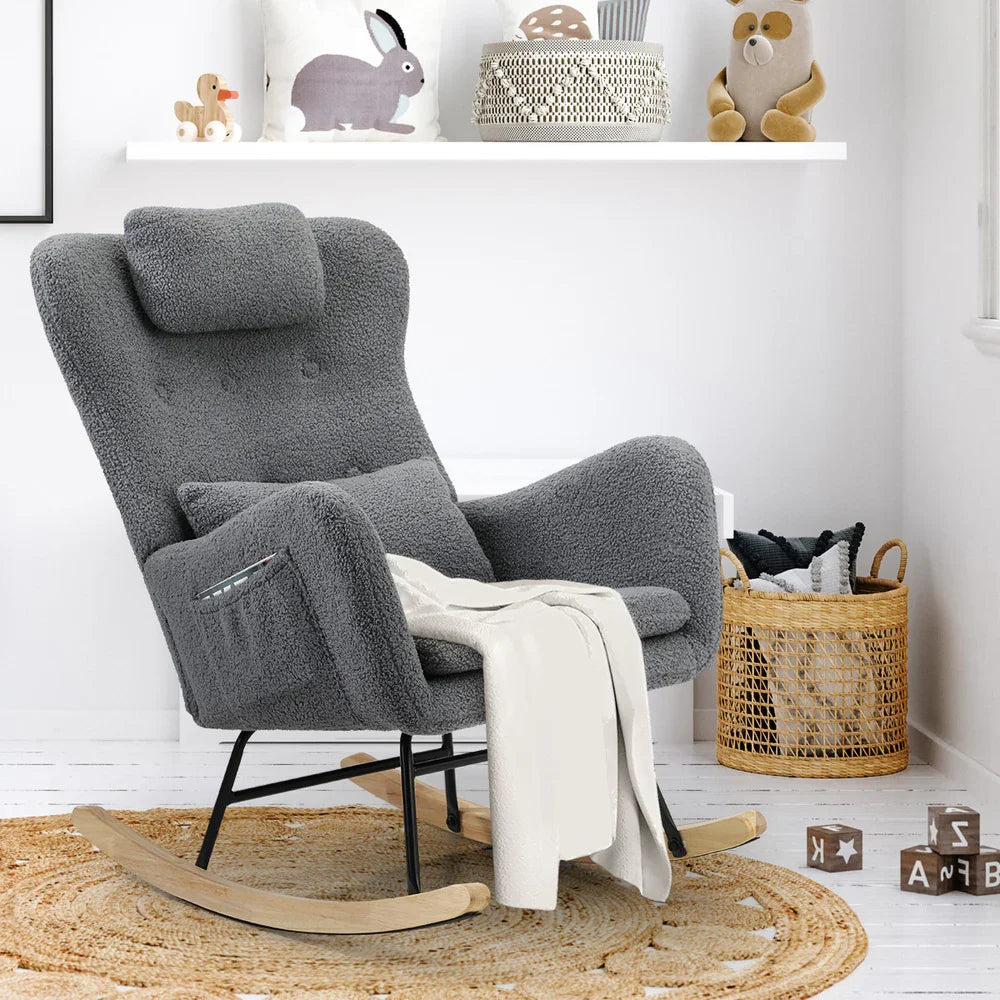 2x Rocking Armchair Nursing Sherpa Chairs With 2 Pillow Grey