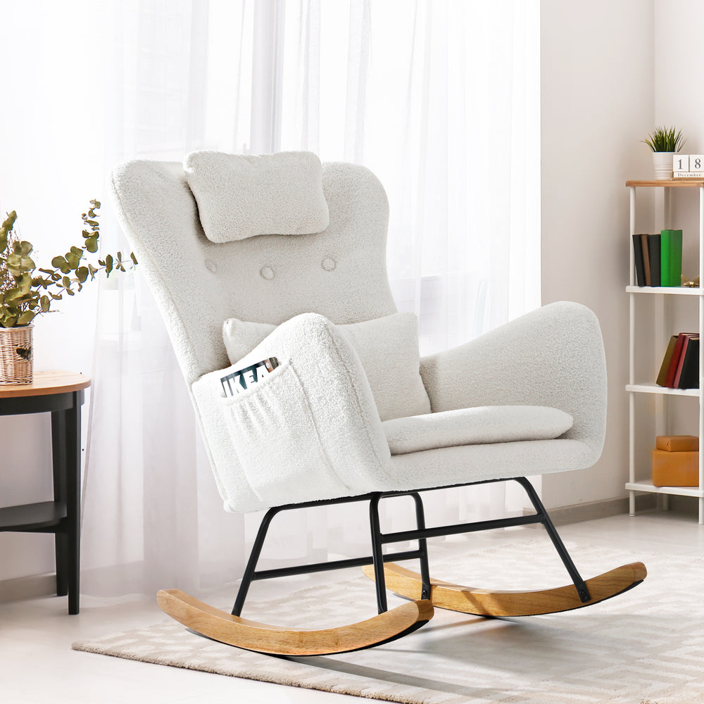 Rocking Chair Nursing Armchair Sherpa Accent Chairs With 2 Pillow White