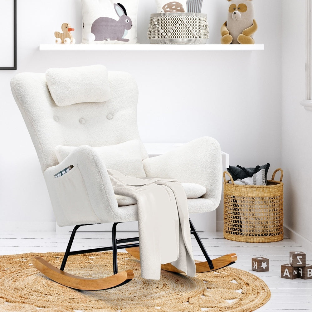 2x Rocking Chair Nursing Armchair Sherpa 2 Pillow White