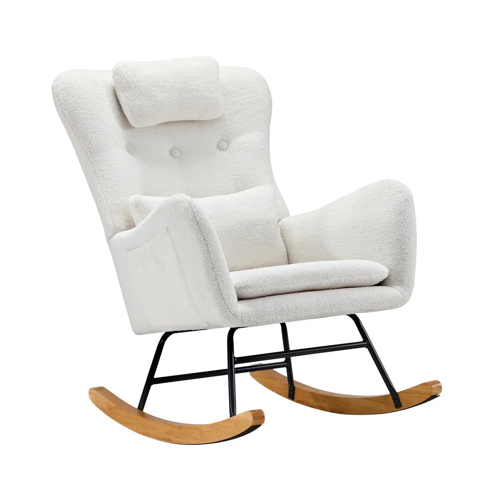 Oikiture 4x Rocking Chair Nursing Armchair Sherpa 2 Pillow White