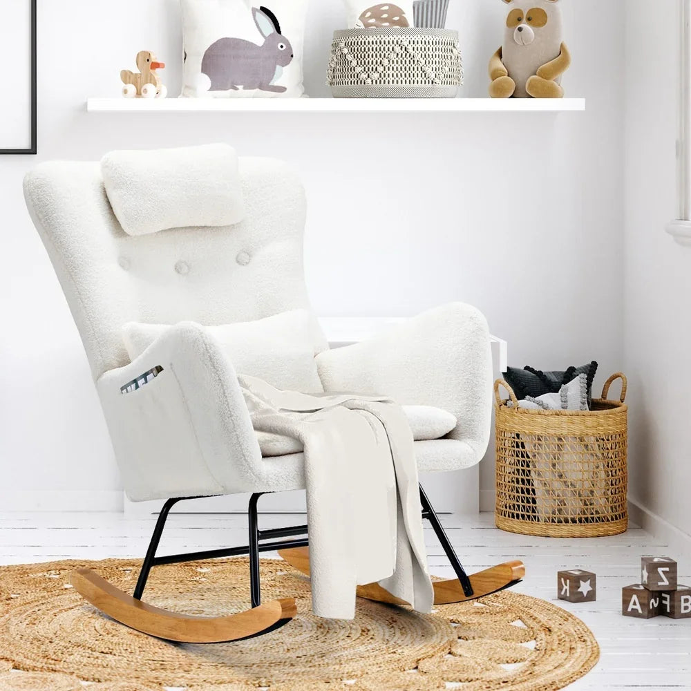 Oikiture 4x Rocking Chair Nursing Armchair Sherpa 2 Pillow White