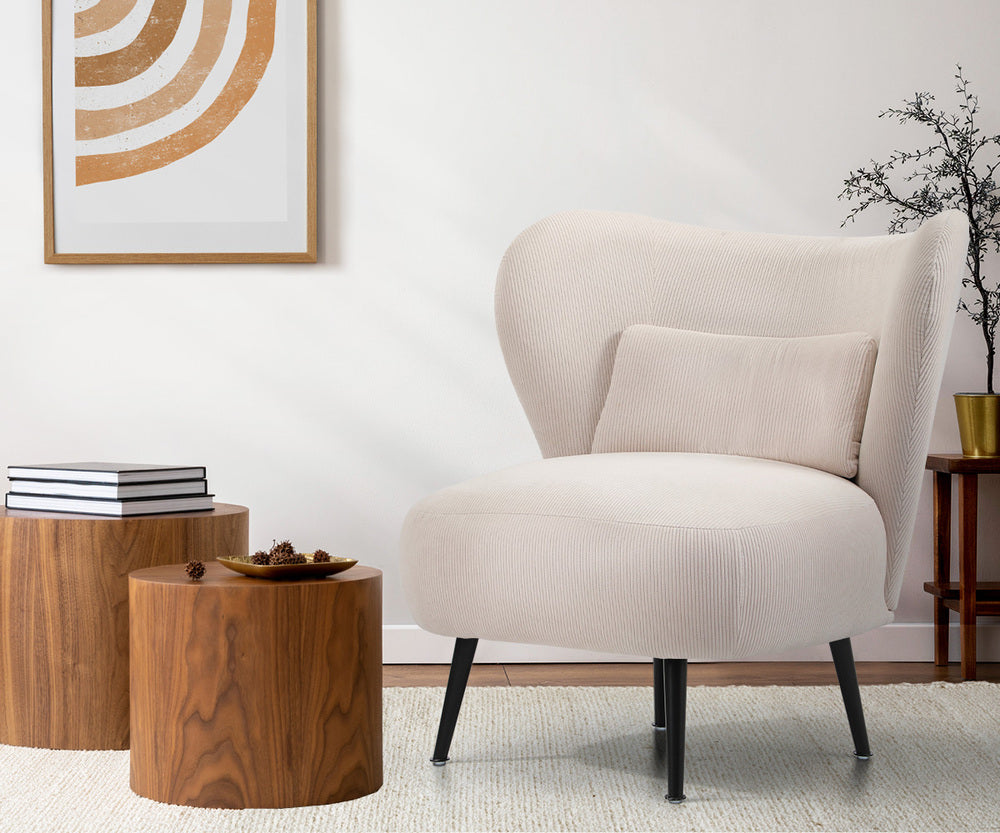 2x Armchair Lounge Chair Lumbar Pillow Wingback Velvet Beige