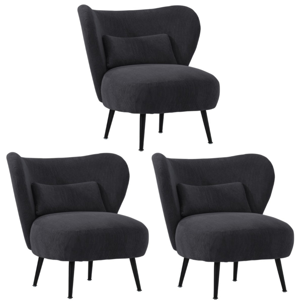 3x Armchair with Lumbar Pillow Wingback Velvet Charcoal