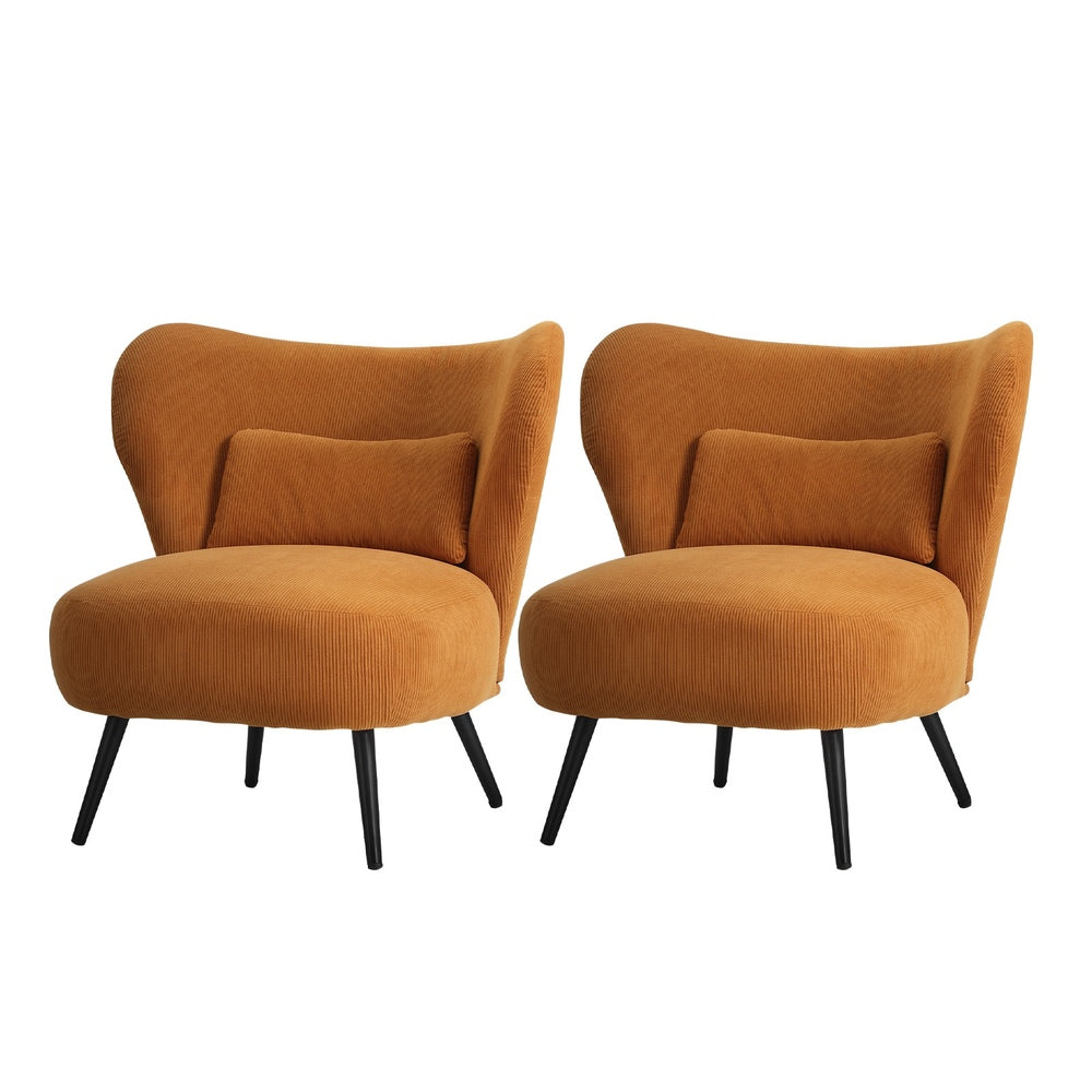 2x Armchair Lounge Chair Lumbar Pillow Wingback Velvet Orange
