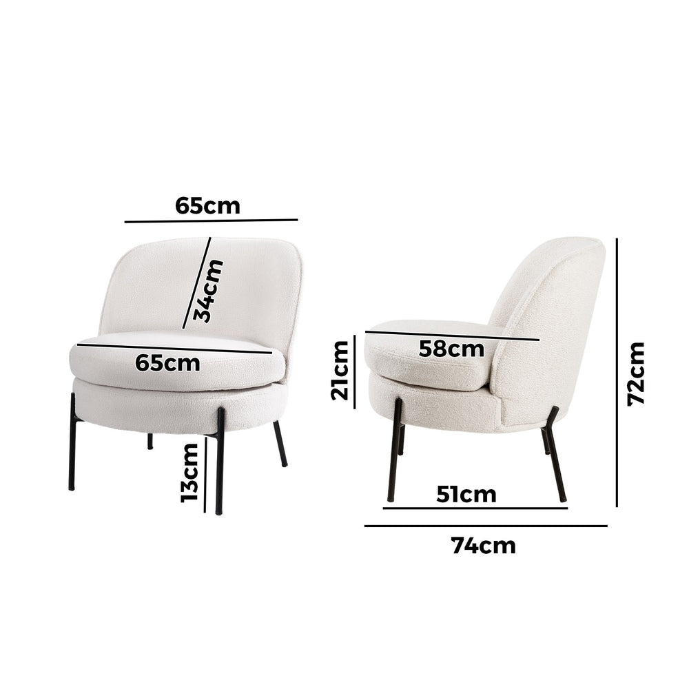 Armchair – Boucle Fabric, Wide Seat, Metal Legs, White