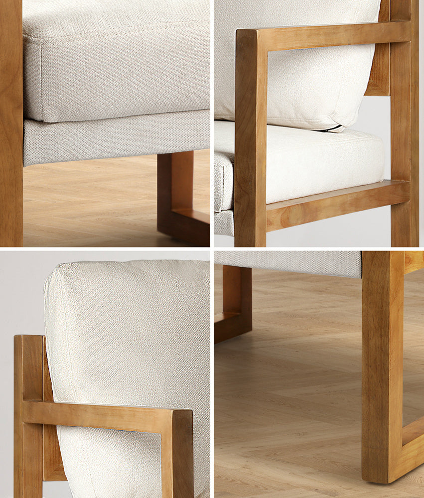 Linen Accent Armchair – Rubberwood Frame, Removable Cushion, Beige