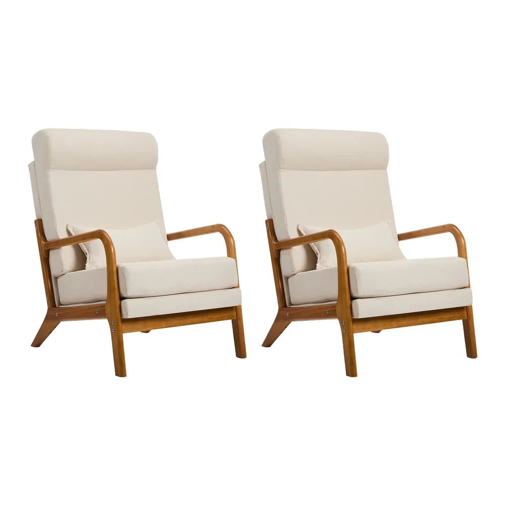 2x Armchair Linen Fabric Chair with Lumbar Pillow Beige