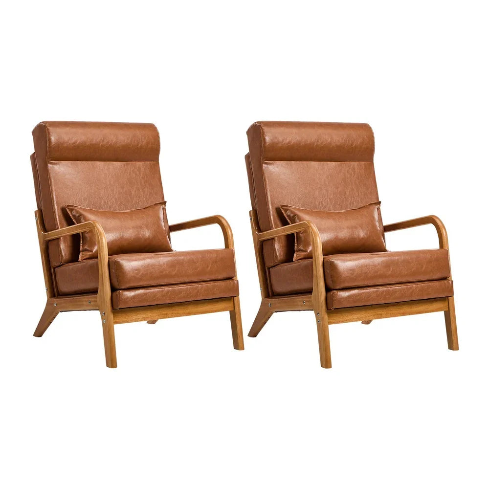 2x Armchair PU Leather Lounge Chair with Lumbar Pillow Brown