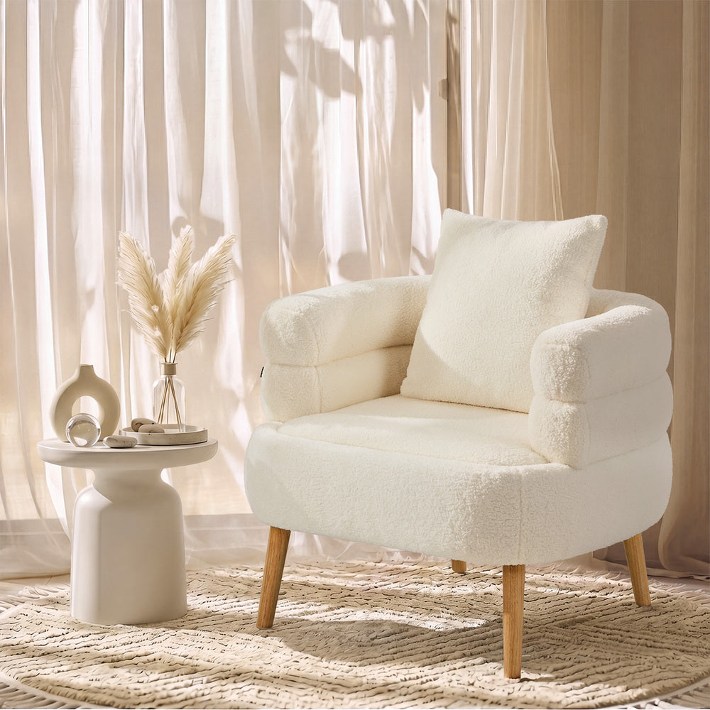 Sherpa Accent Armchair – Rounded Design, High Back, Rubberwood Legs, White