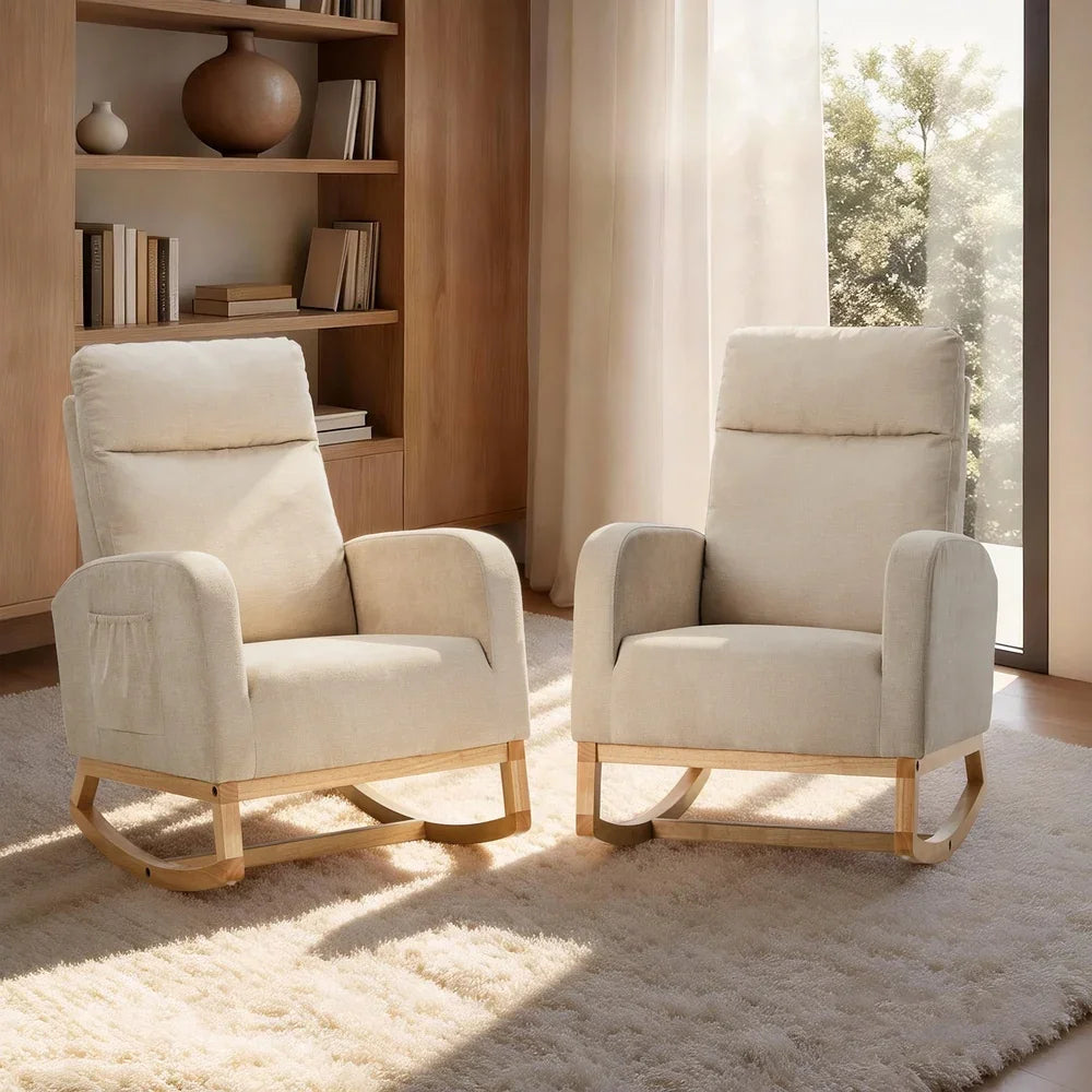 2x Rocking Armchair Linen Fabric Lounge Accent Chair Beige