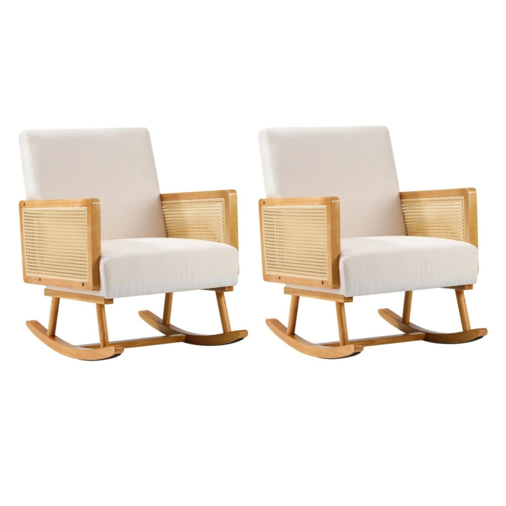 2x Rocking Chair Nursing Armchair Linen PE Rattan Beige