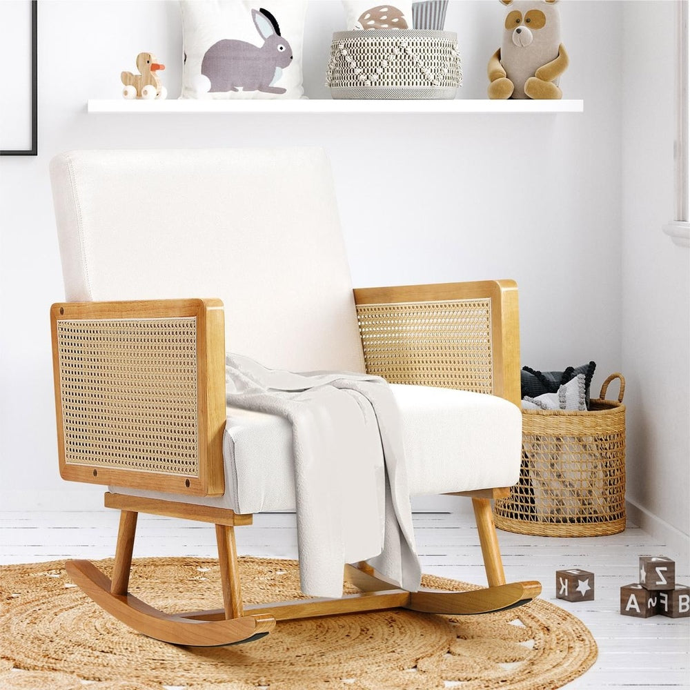 2x Rocking Chair Nursing Armchair Linen PE Rattan Beige