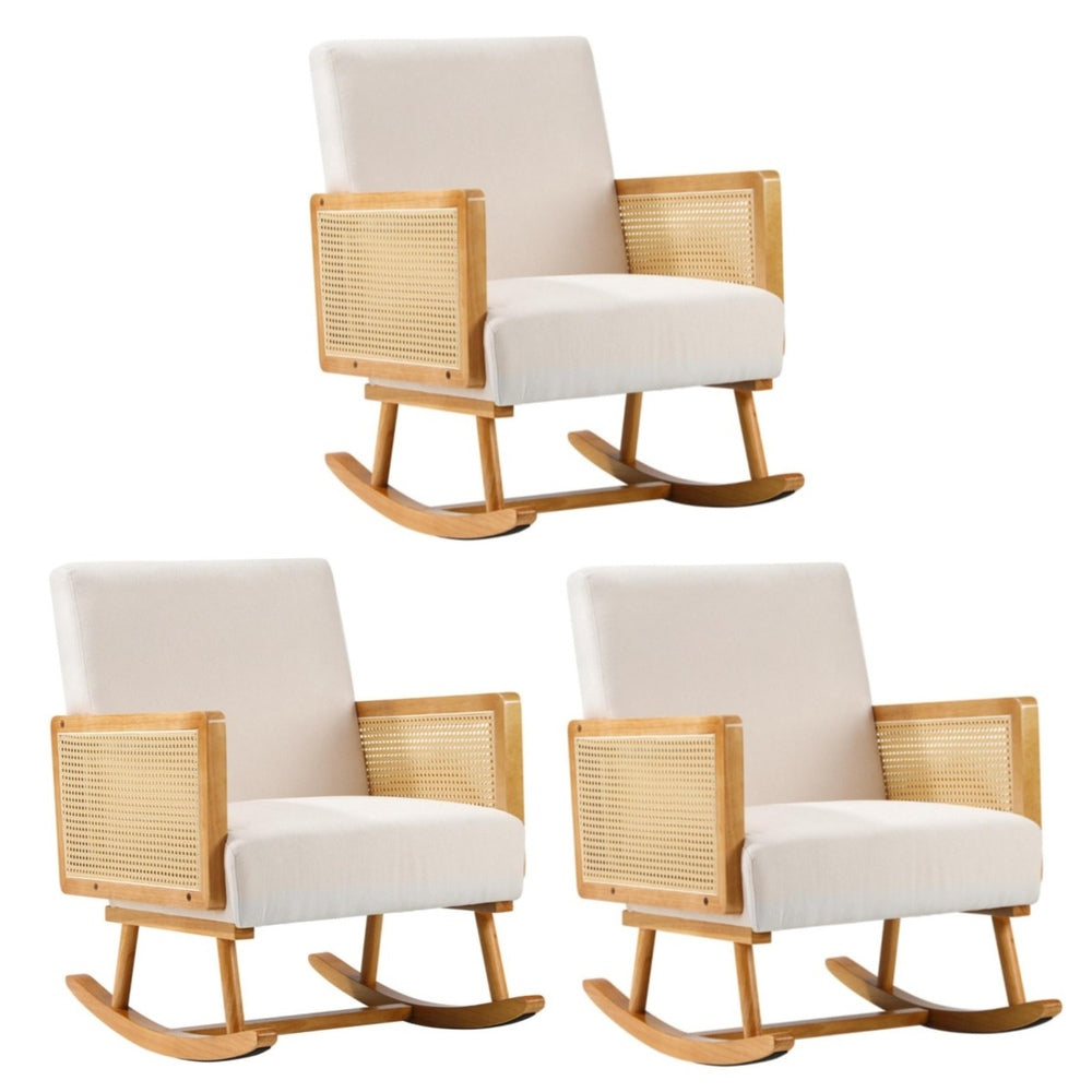 3x Rocking Chair Nursing Armchair Linen PE Rattan Beige