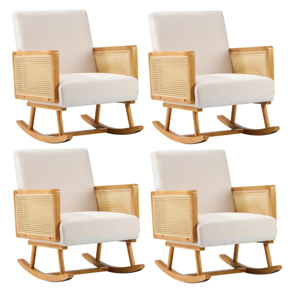 4x Rocking Chair Nursing Armchair Linen PE Rattan Beige