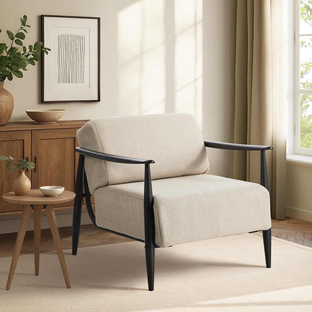 Wooden Armchair Lounge Sofa Fabric Accent Armchairs Beige