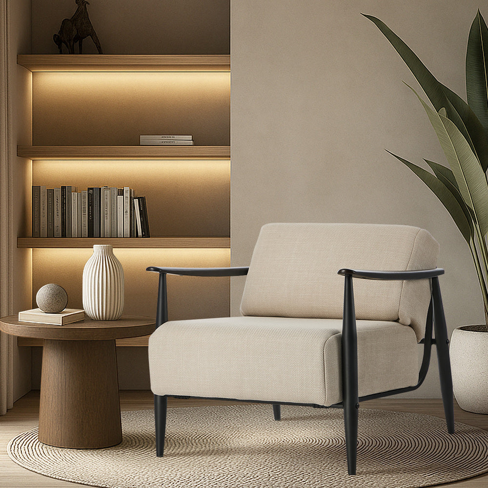 Wooden Armchair Lounge Sofa Fabric Accent Armchairs Beige