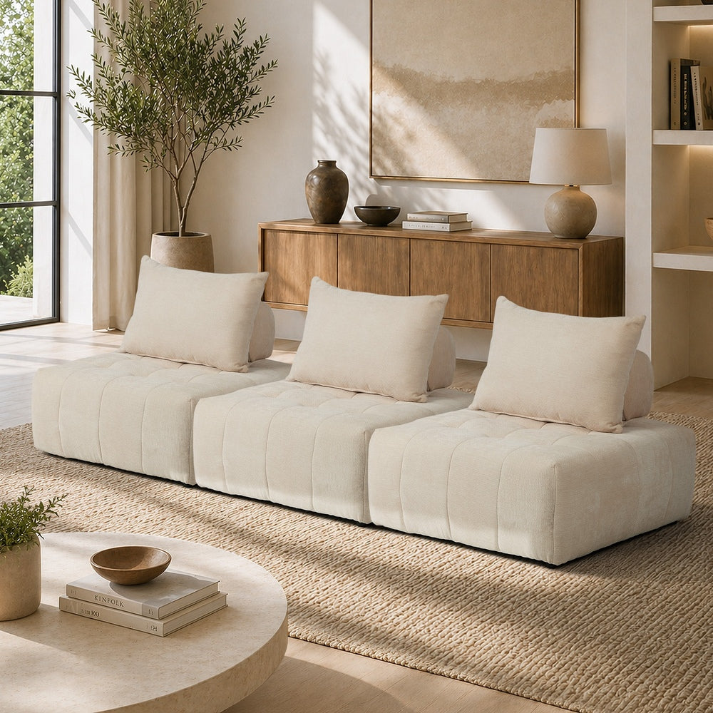 3x Chenille Modular Sofa Floor w/Pillow TOFU Armless Beige