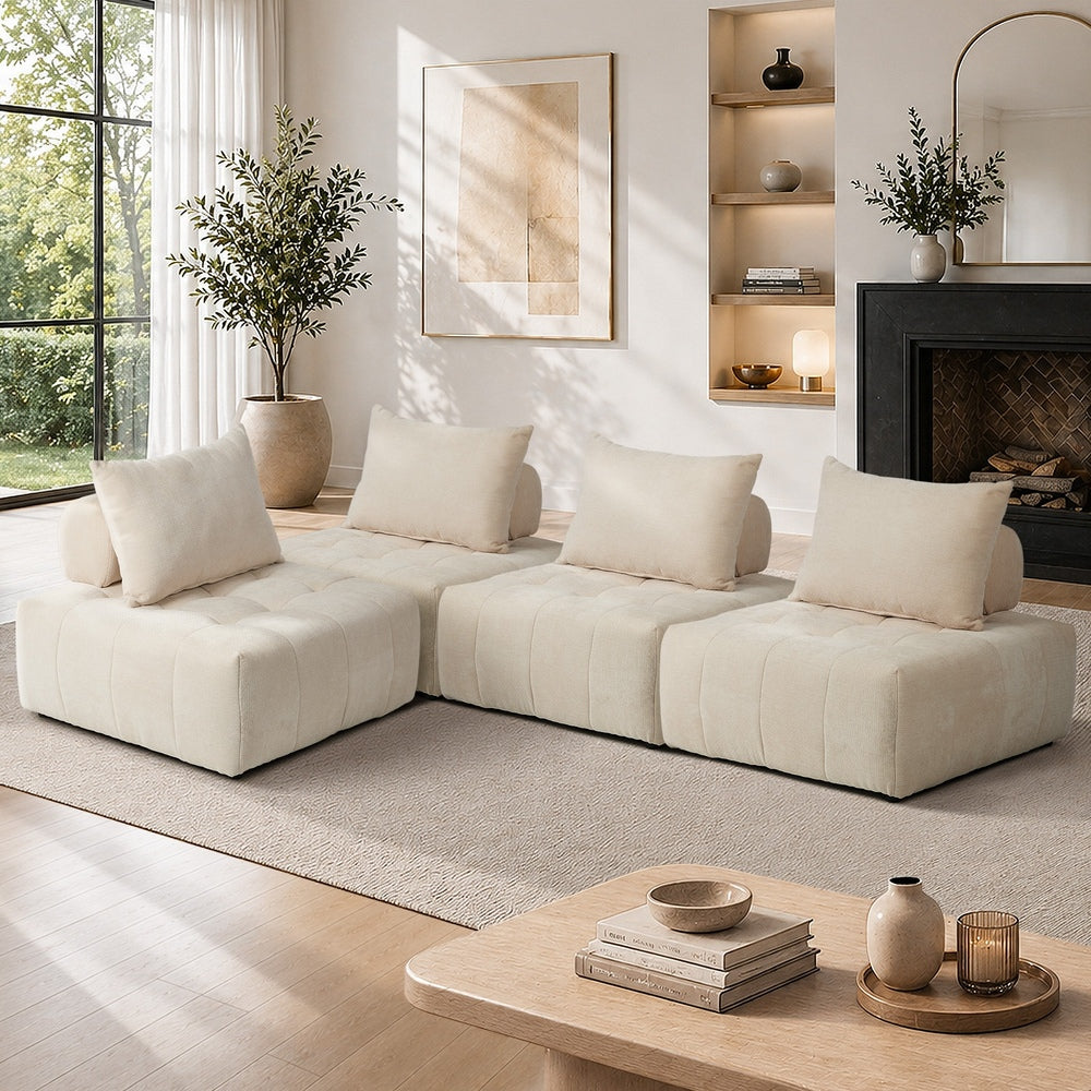 Oikiture 4x Chenille Modular Sofa Floor w/Pillow TOFU Armless Beige