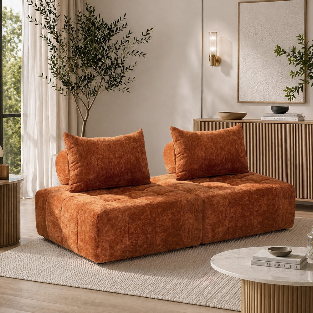 Oikiture 2x Chenille Modular Sofa Floor w/Pillow TOFU Armless Brown