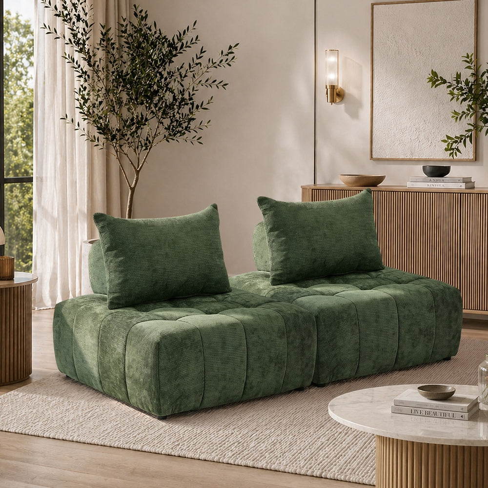 Oikiture 2x Chenille Modular Sofa Lounge w/Pillow TOFU Armless Green