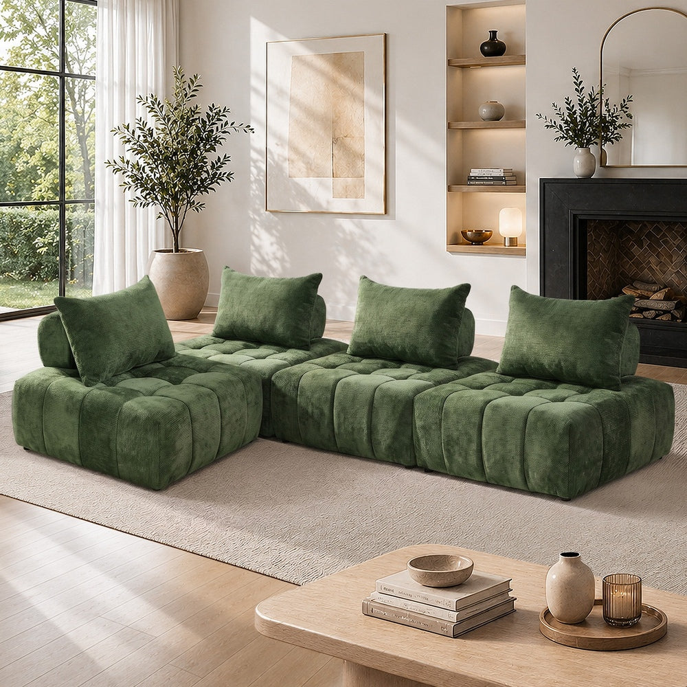 Oikiture 4x Chenille Modular Sofa Lounge w/Pillow TOFU Armless Green
