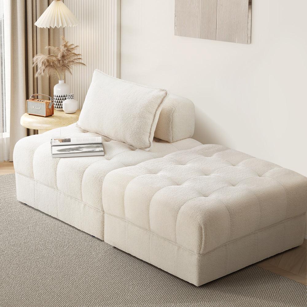 2 Seater Boucle Modular Sofa & Ottoman Set Armless White