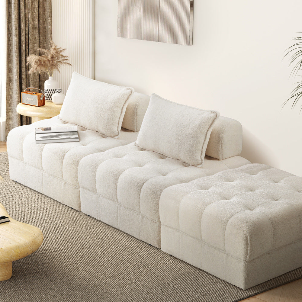 3 Seater Boucle Modular Sofa & Ottoman Set Armless White