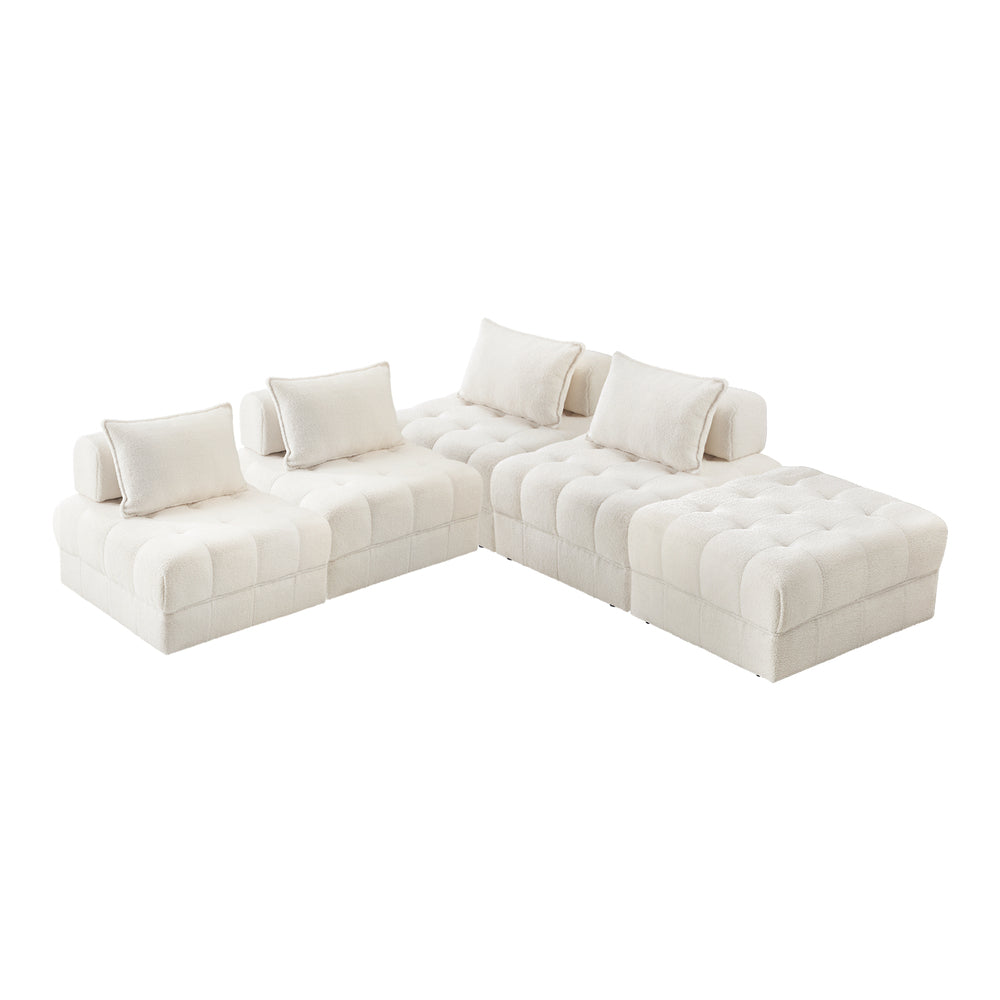 5 Seater Boucle Modular Sofa & Ottoman Set Armless White