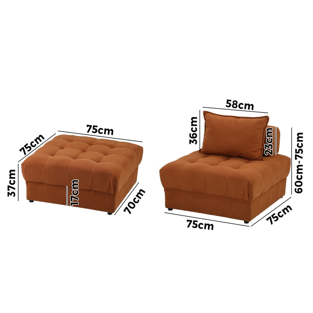 Oikiture 3 Seater Velvet Modular Sofa & Ottoman Set with Backrest Brown