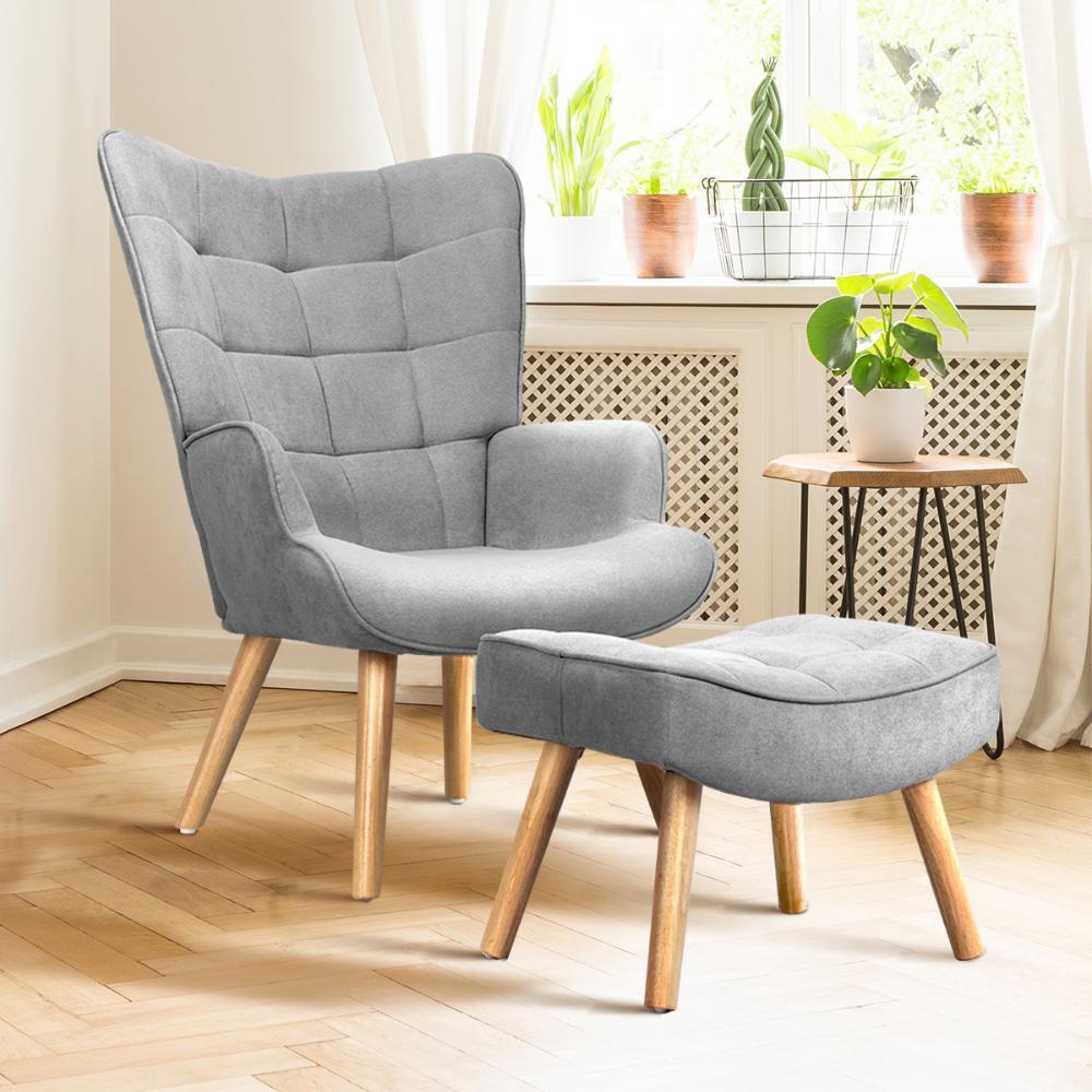 Armchair with Footstool Fabric Grey