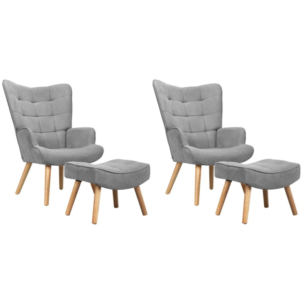 2x Armchair Lounge Chair Ottoman Fabric Sofa Grey