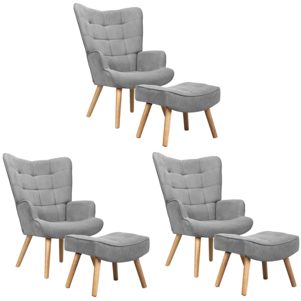 3x Armchair Lounge Chair Ottoman Fabric Sofa Grey