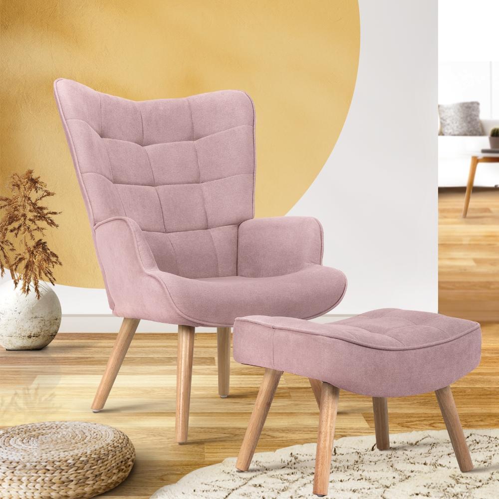 Armchair Set Ottoman Fabric Sofa Chairs Pink