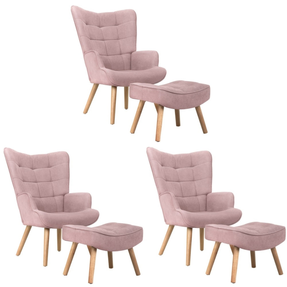 3x Armchair Lounge Chair Ottoman Fabric Sofa Pink