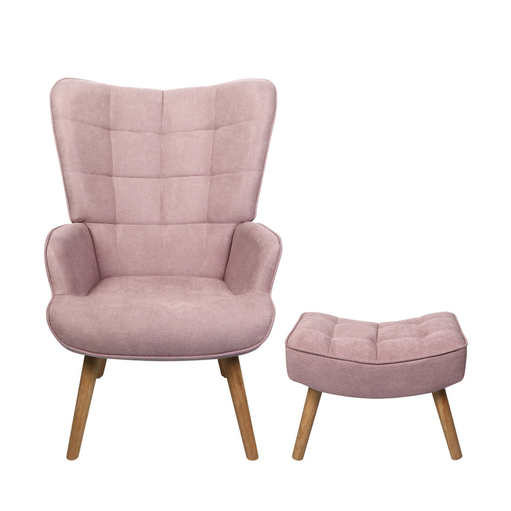 3x Armchair Lounge Chair Ottoman Fabric Sofa Pink