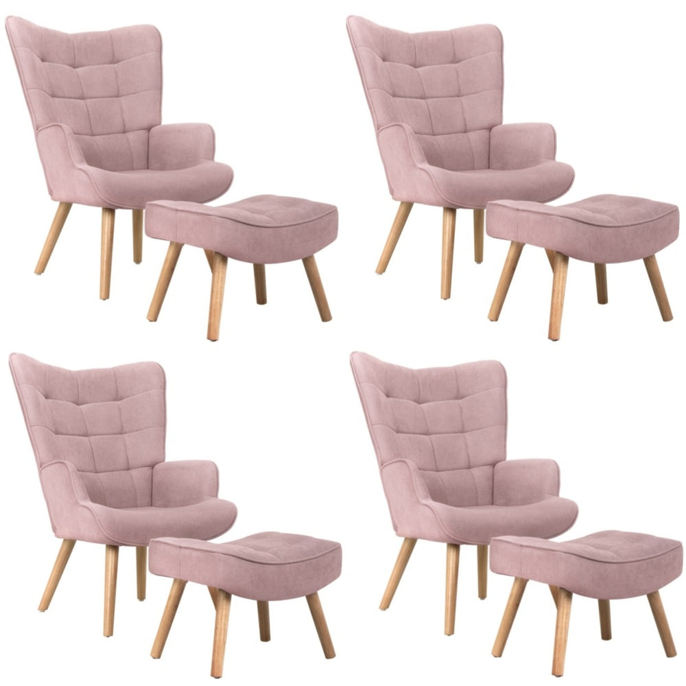 4x Armchair Lounge Chair Ottoman Fabric Sofa Pink