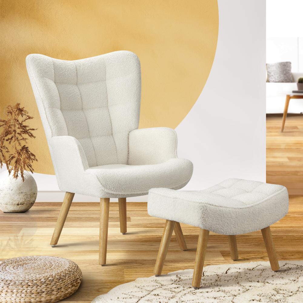 Armchair with Footstool Sherpa White