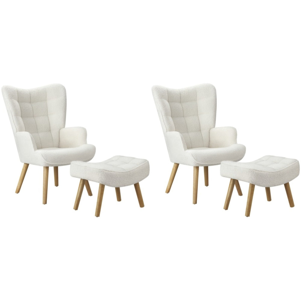 2x Armchair Lounge Chair Ottoman Sherpa Sofa White