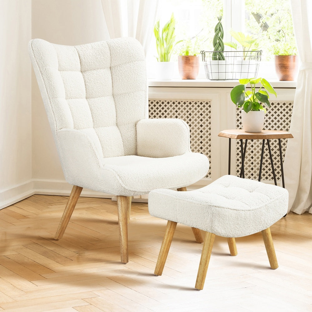 2x Armchair Lounge Chair Ottoman Sherpa Sofa White