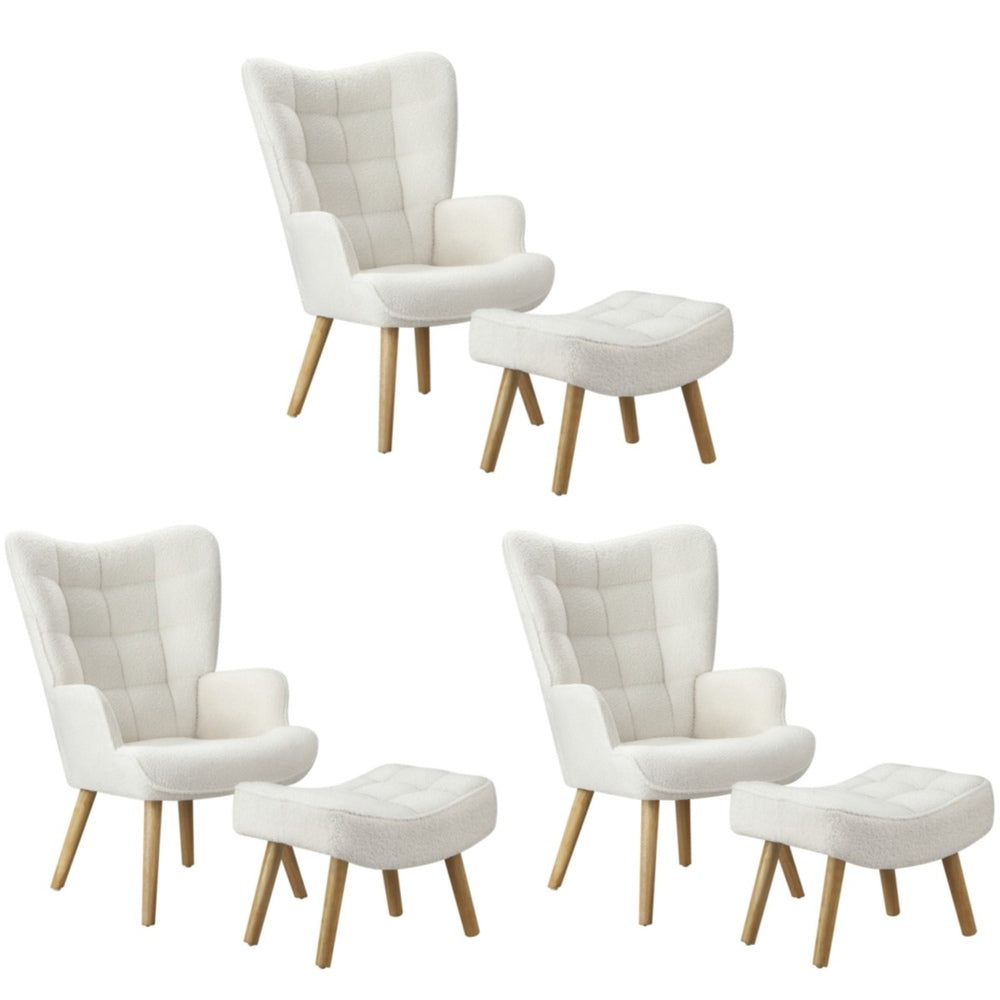 3x Armchair Lounge Chair Ottoman Sherpa Sofa White