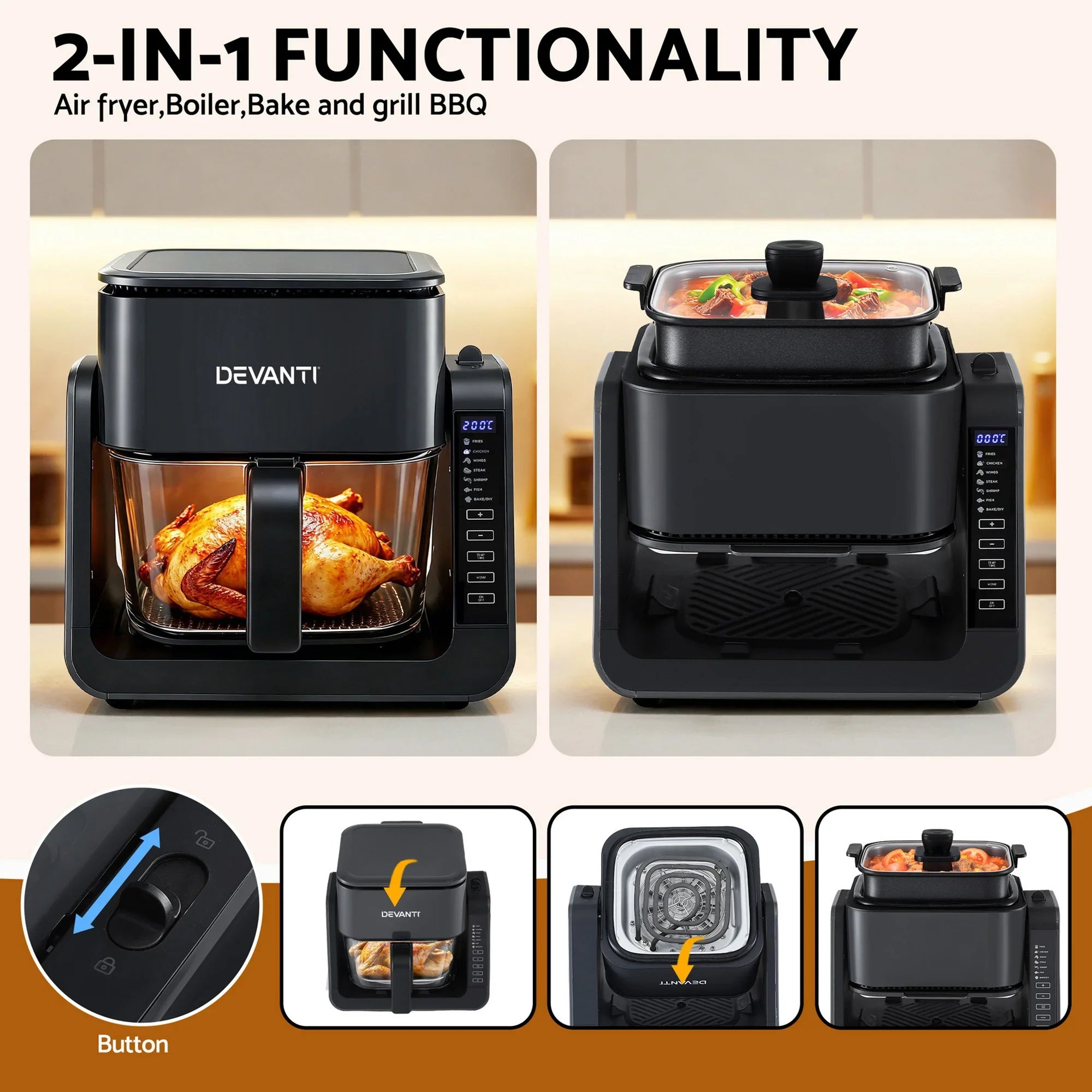 2-IN-1 Air Fryer 5.5L Dual Zone Fryers Electric Cooker with Top BBQ Grill & Bot