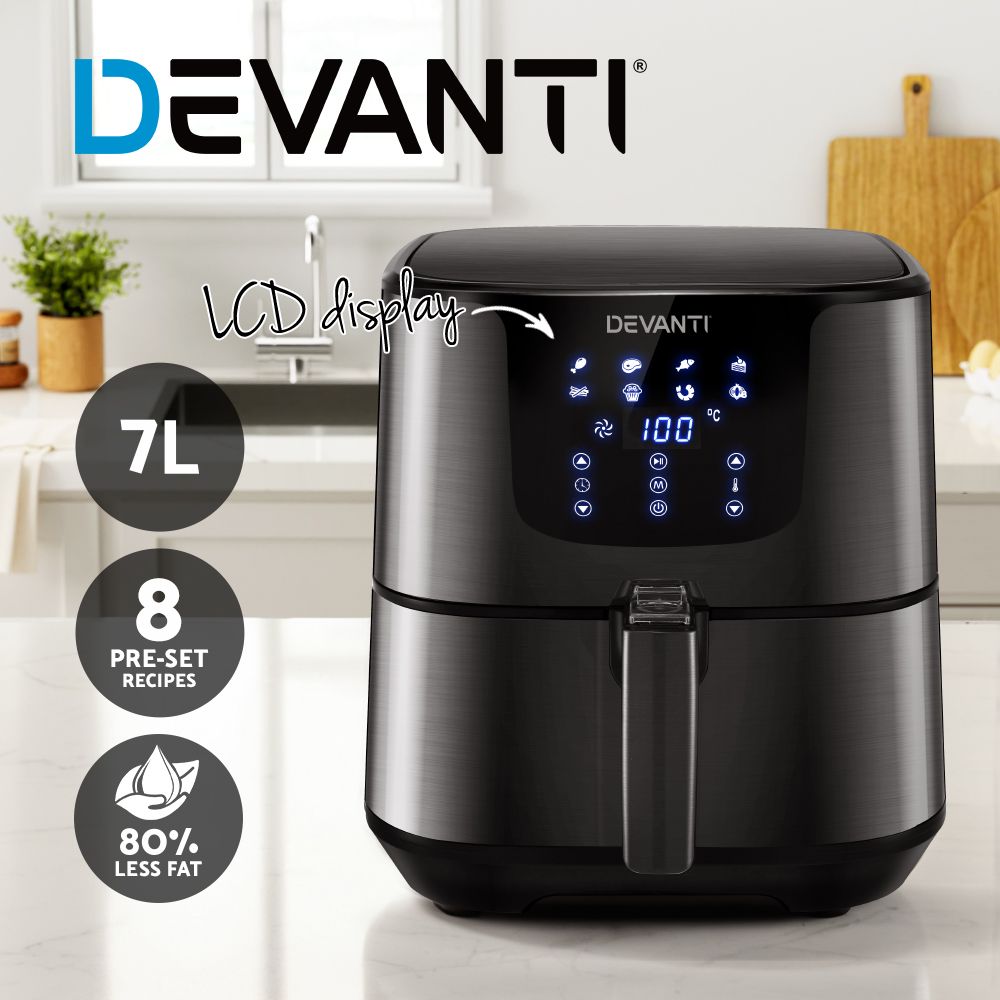7L Air Fryer – 8 Presets, LCD Touch, 360° Air Circulation, Stainless Steel