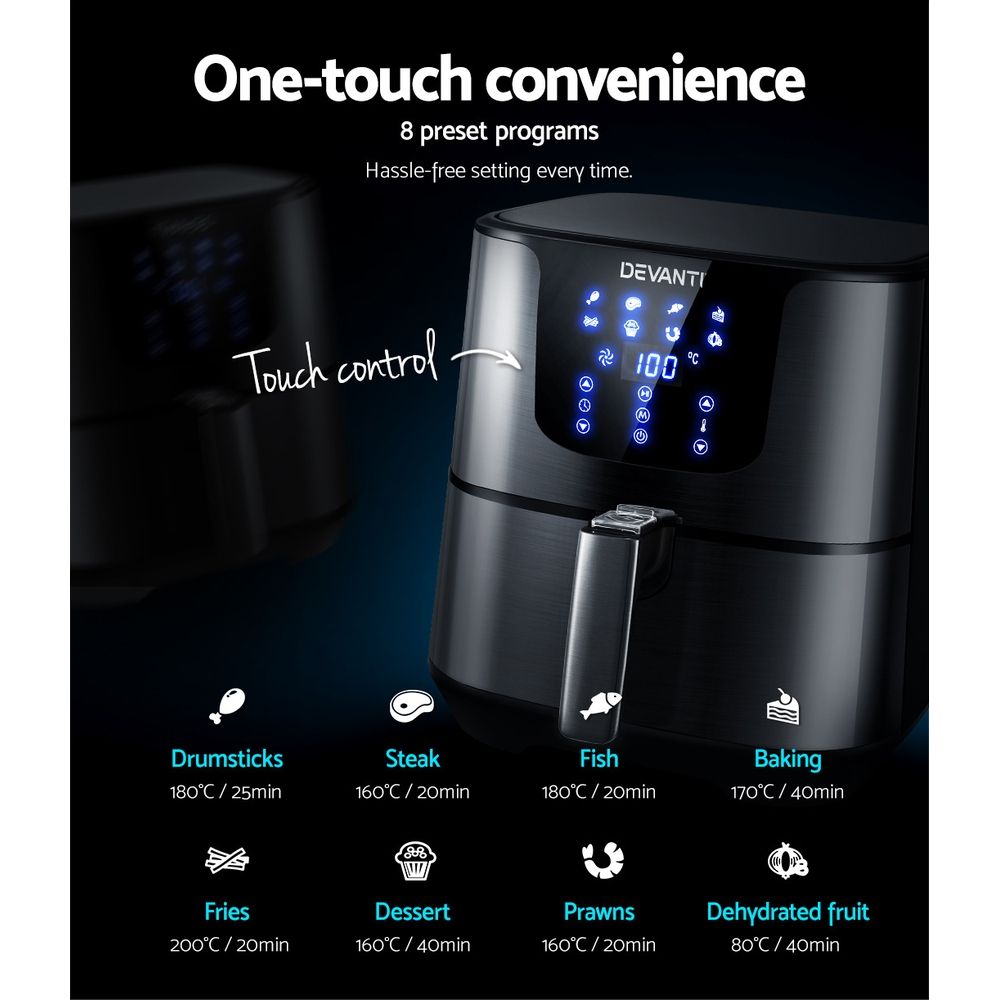 7L Air Fryer – 8 Presets, LCD Touch, 360° Air Circulation, Stainless Steel