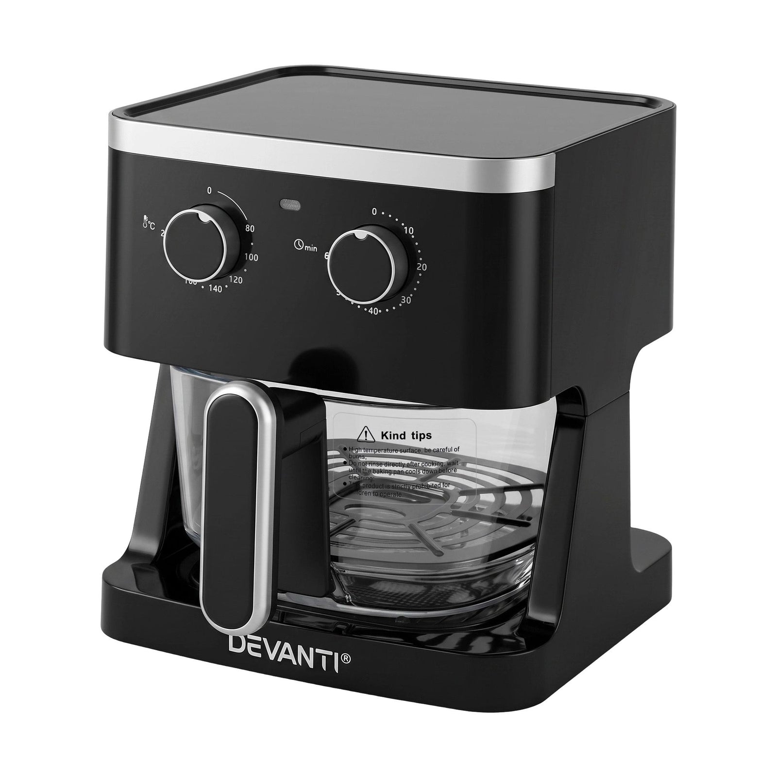 Devanti 4.5L Glass Air Fryer Kitchen Oven Knob Control 1350W Healthy Cooker Black