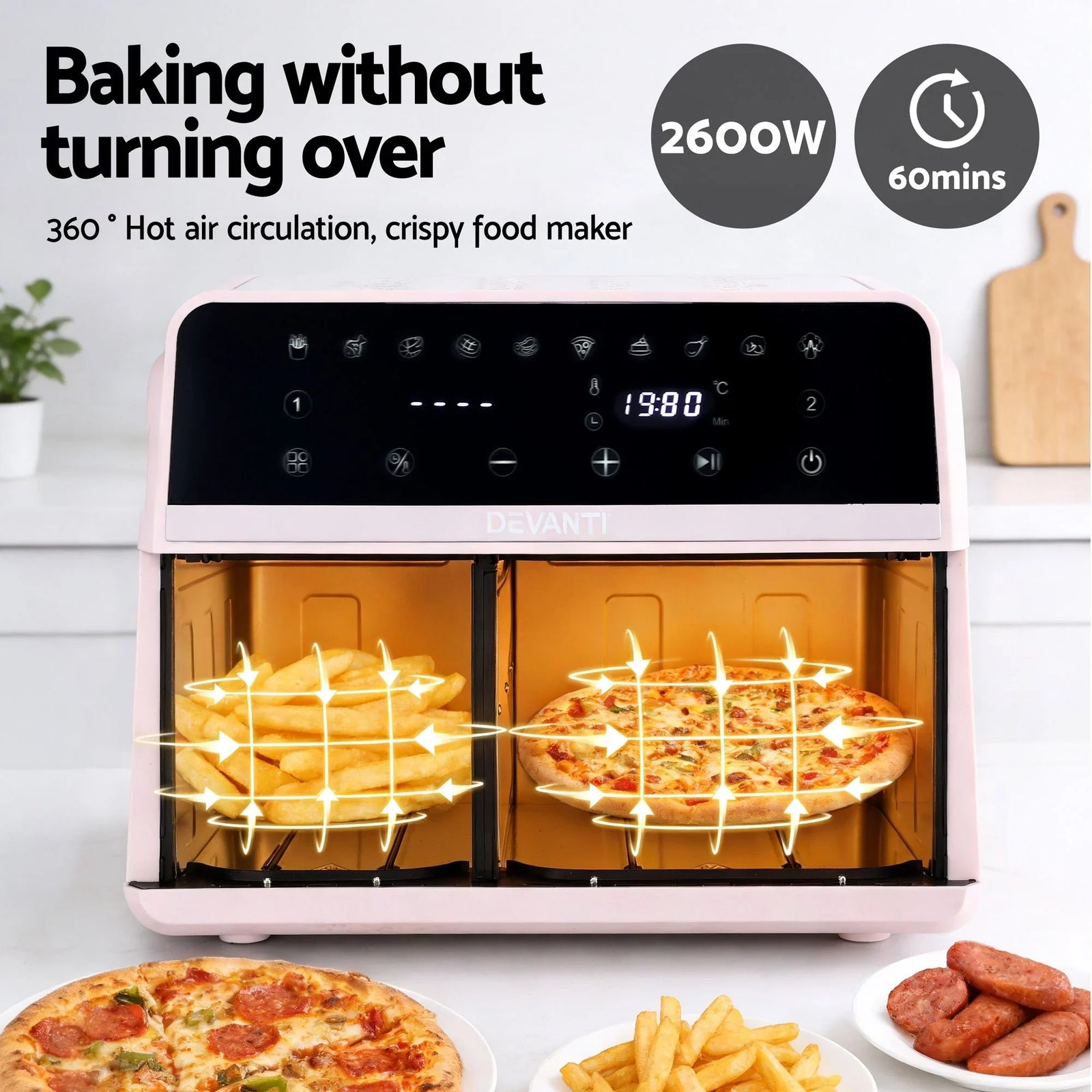 Air Fryer 9L Dual Zone Fryers 2600W Pink