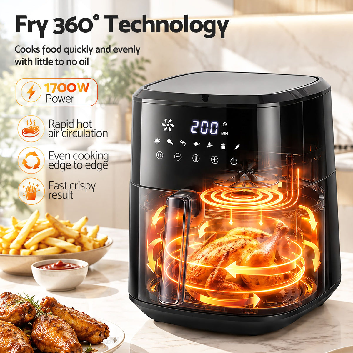 Devanti Air Fryer 6.5L 1700W Digital Touch 8 Presets Non-Stick Basket Black