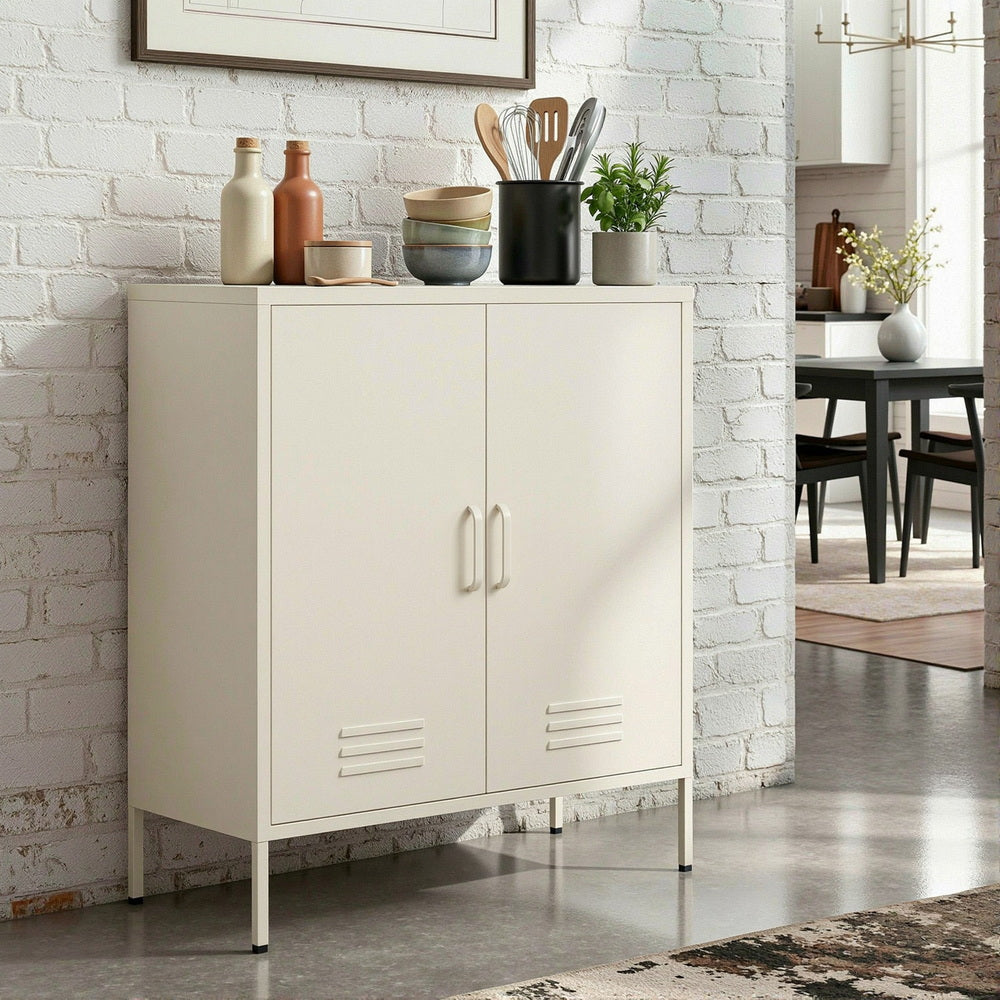 ArtissIn Metal Sideboard Storage Cabinet Steel Buffet Cupboard White 80cm